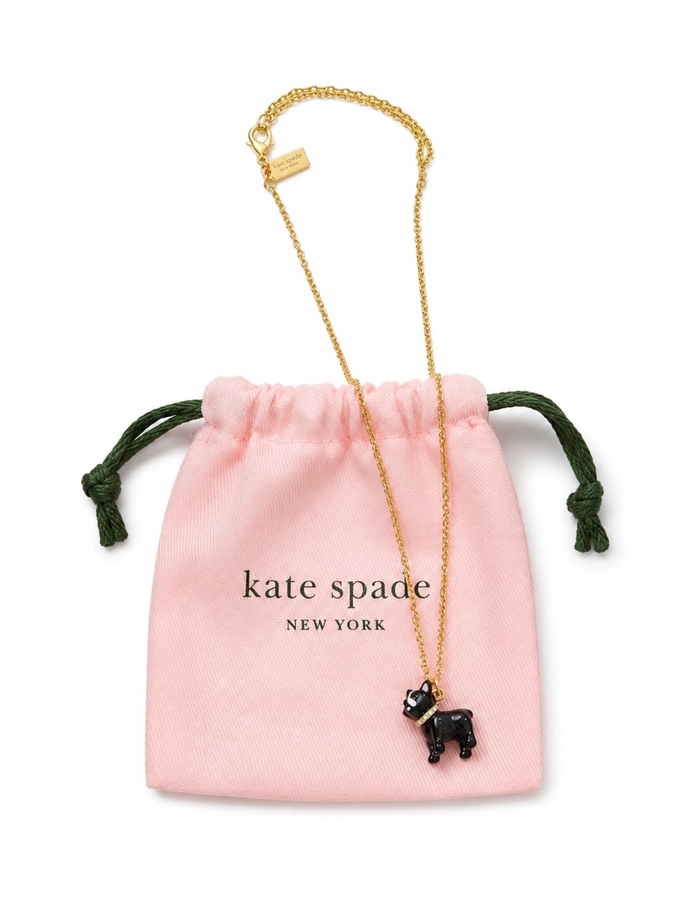 kate spade Gold Chain Necklace with Black Dog Charm and Pink Pouch